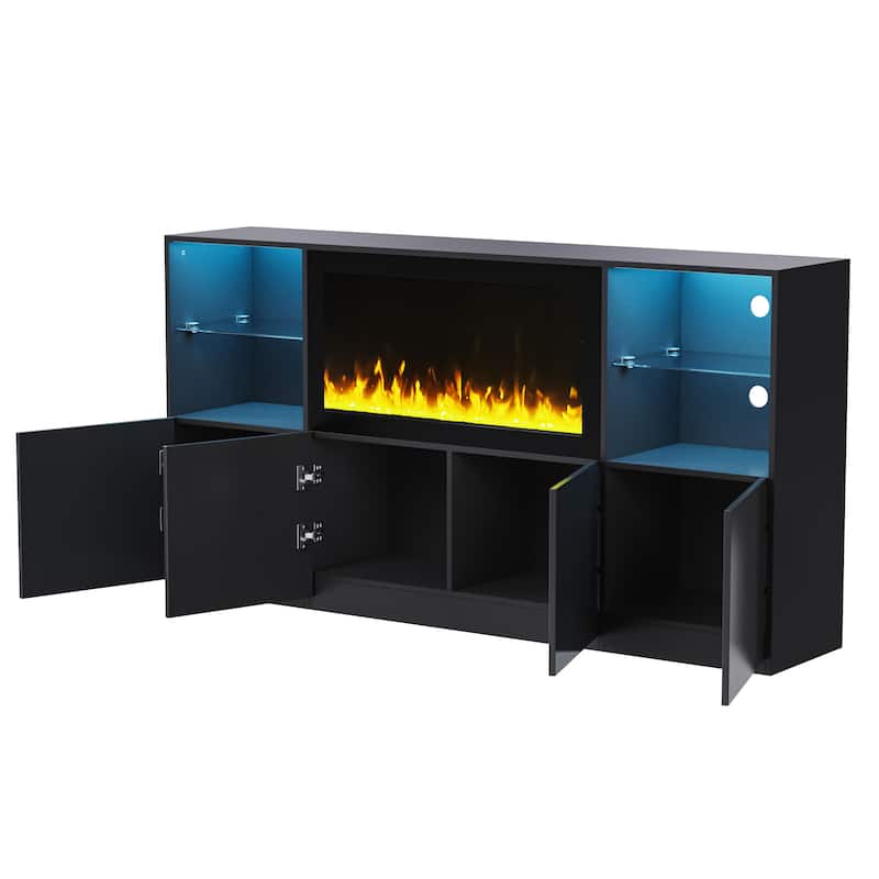 High Gloss TV Stand with Electric Fireplace and LED Light, for TVs Up to 75", Black - 67" W × 13.77" D × 35.4" H