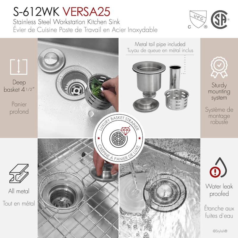 Undermount 25 inch Stainless Steel Single Bowl Workstation Kitchen Sink with Black Accessories Handmade