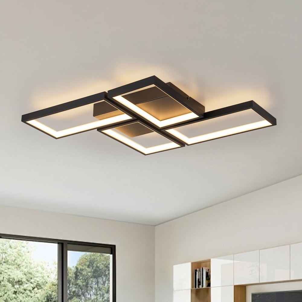 Black 4-Light Dimmable LED Flush Mount Modern Rectangle Loop Ceiling Light Living