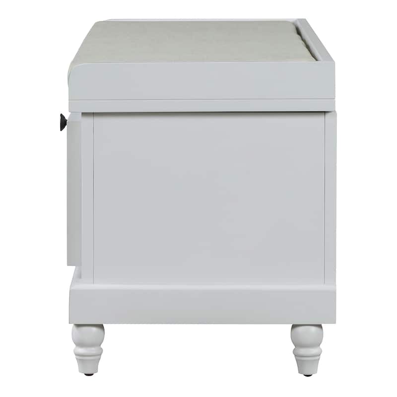 Roomfitters Classic Entryway Bench with Cushion, 3 Hidden Storage Spaces, Grooved Doors and Round Handles