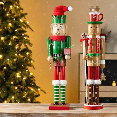 Glitzhome 24"H Wooden Christmas Gingerbread Man or Elf Dog Nutcracker