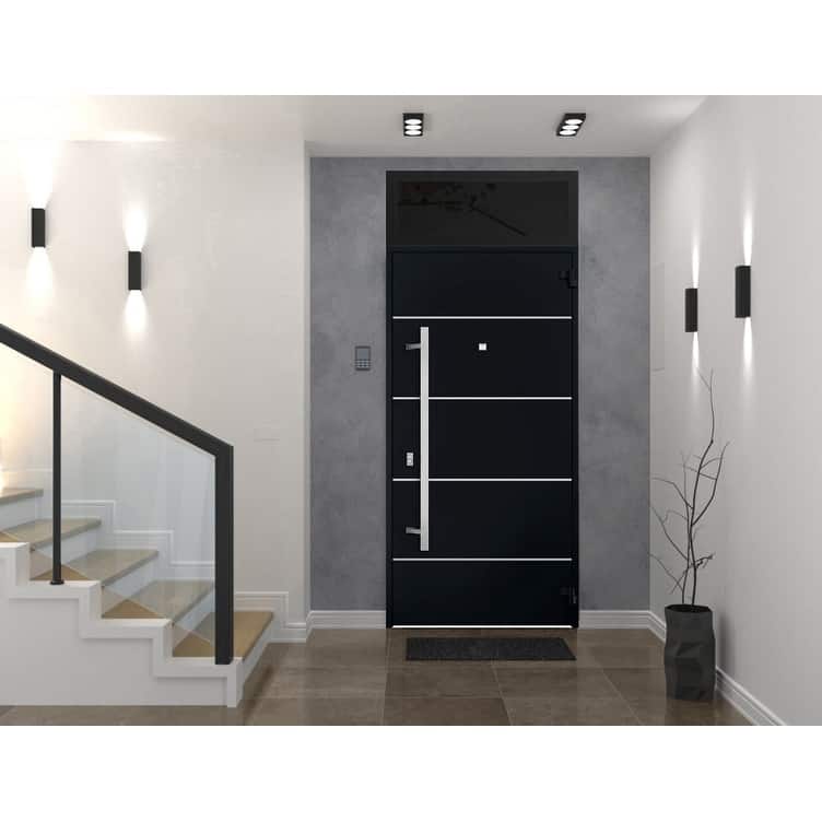 Front Prehung Steel Door 6083 Black Enamel Top Window Sidelite Stainless Inserts W36xH80+16 Lh I Bedroom Door Bathroom Door