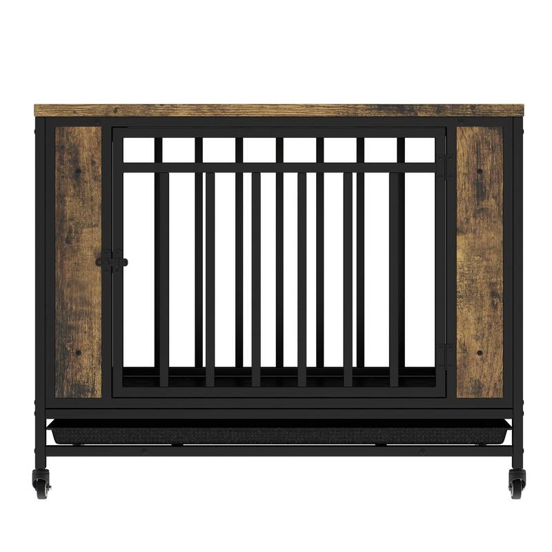 31.1" Wooden Dog House Dining Table with Iron Door and Removable Tray