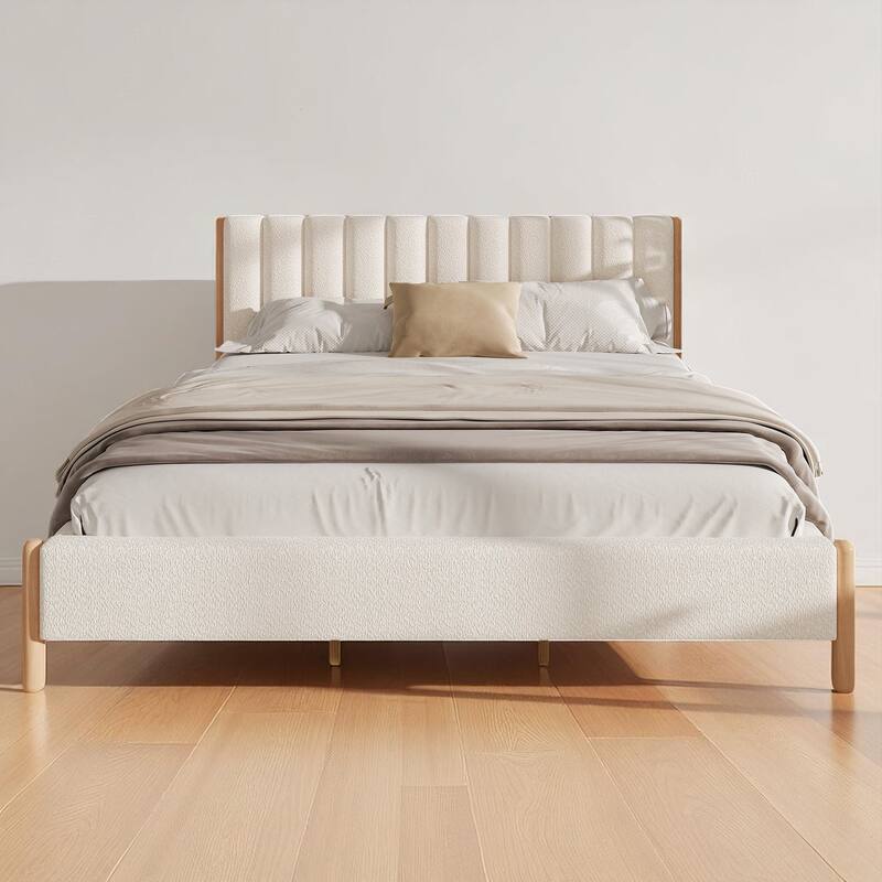 Queen/King Size Boucle Upholstered Platform Bed Frame with Solid Wood Legs and Padded Headboard, White - White - King