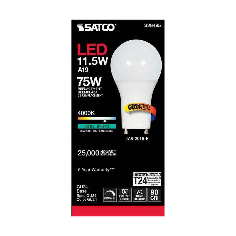 11.5 Watt A19 LED 90CRI 4000K GU24 base 220 deg. Beam Angle 120 Volt 1100 Lumens CEC - White