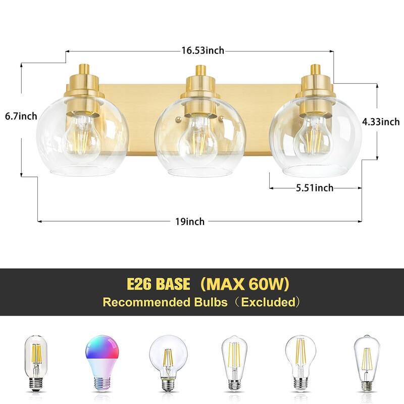 3 Light Bathroom Vanity Light Gold Modern Wall Sconce Mirror Light Fixture with Clear Glass