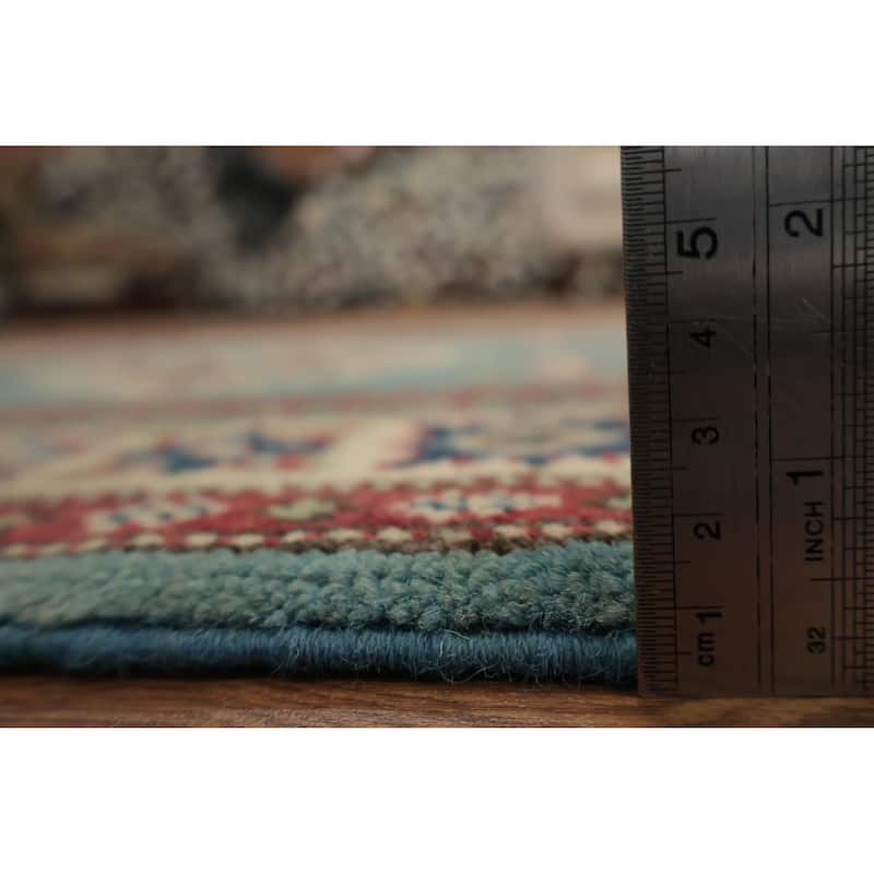 Hand Knotted Oriental 100% Wool Carpet Traditional Geometric Navy Blue & Blues Kazak Runner Rug - 9' 8'' X 2' 9''