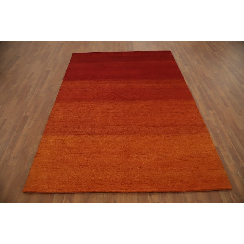 Hand Knotted Oriental 100% Wool Carpet Modern Stripe Oranges & Rust Gabbeh Area Rug - 7' 11'' X 5' 8''