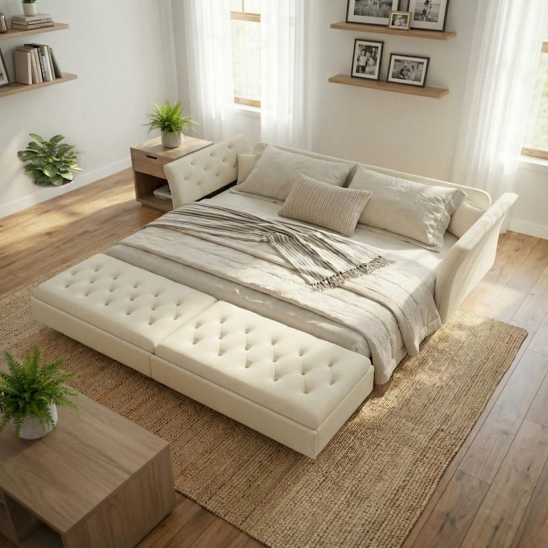 Homy Casa 100"/74" Oversize 4-Seater Convertible Pull Out Sofa Bed with Flower Tufted Velvet - 4-Beige