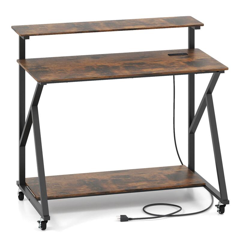 Costway Rolling Computer Desk with Charging Station Monitor Stand