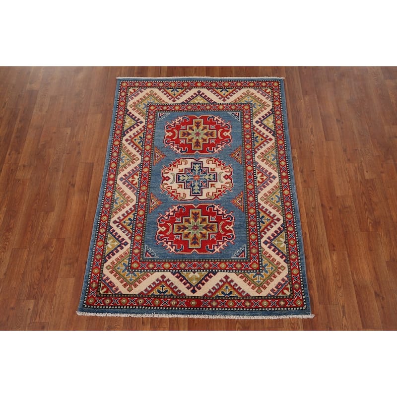 Blue Kazak Foyer Rug Hand-Knotted Traditional Wool Carpet - 3'5" x 4'9"