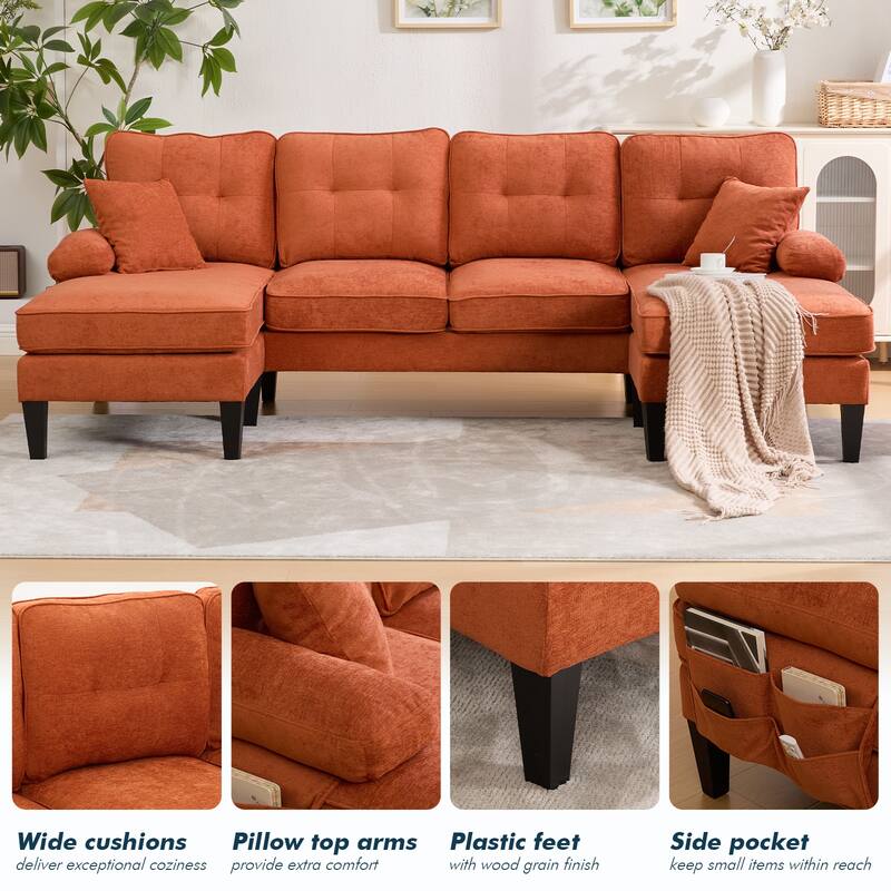 HOMEFUN Linen Upholstered U-Shaped 4-seater Tufted Wood Frame Sectional Sofa with Side Pocket