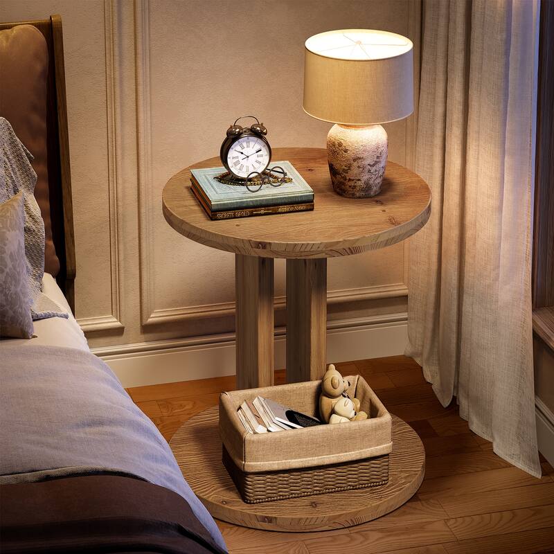 19.68" Round C-Shaped Solid Wood Nightstand