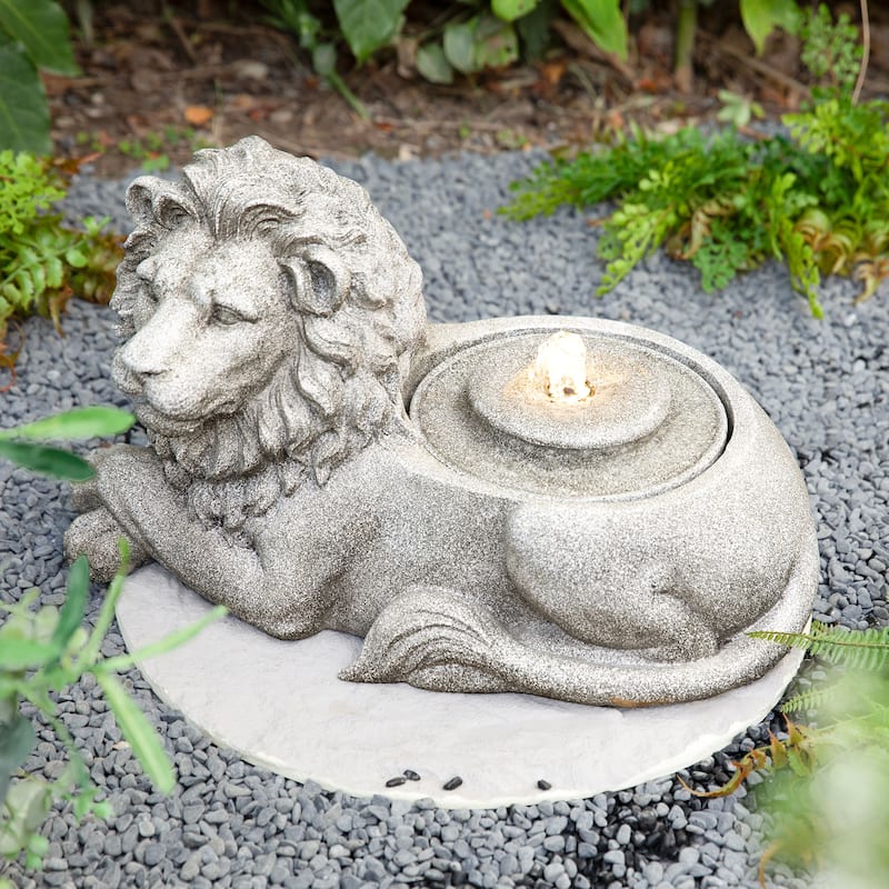 Glitzhome 20"L Zen-Style Lying Lion Polyresin Outdoor Fountain with Pump and LED Light