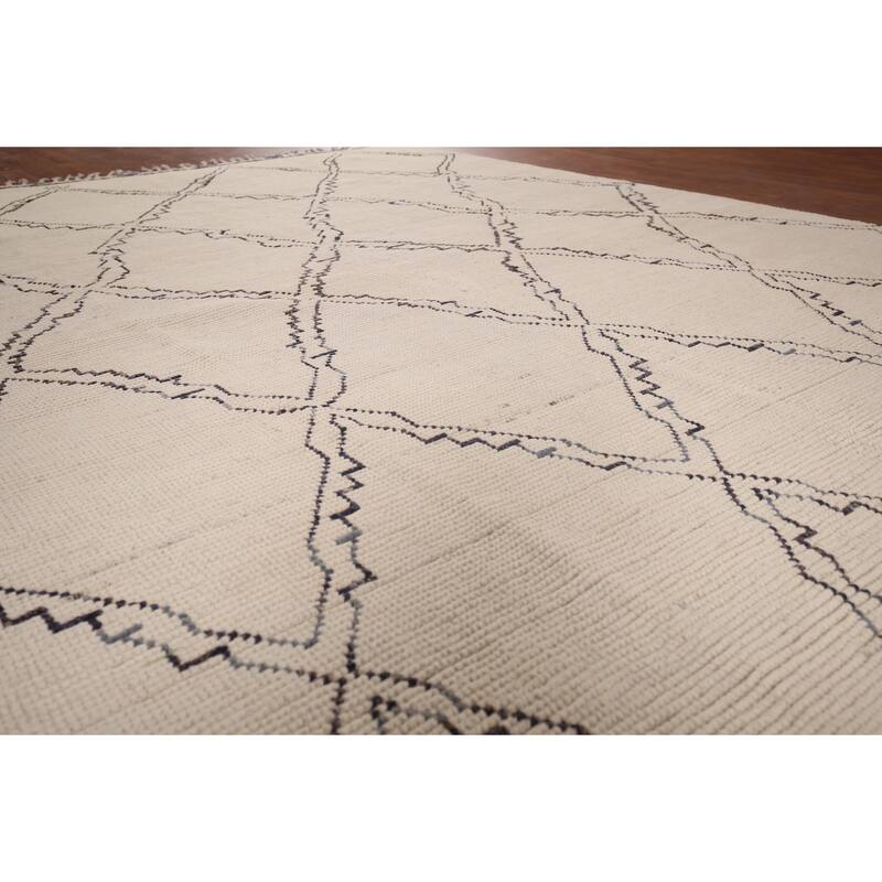 All-Over Trellis Ivory Moroccan Area Rug Handmade Wool Carpet - 7'11"x 11'0"