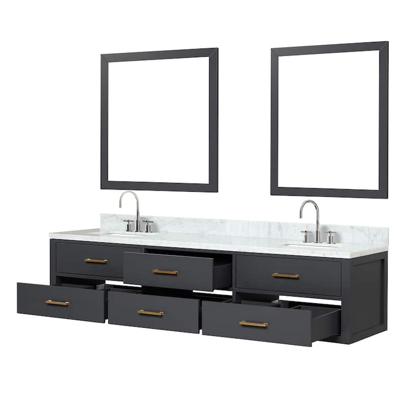 Lexora Castor Double Bath Vanity, Carrara Marble Top, Faucet Set, and Mirrors