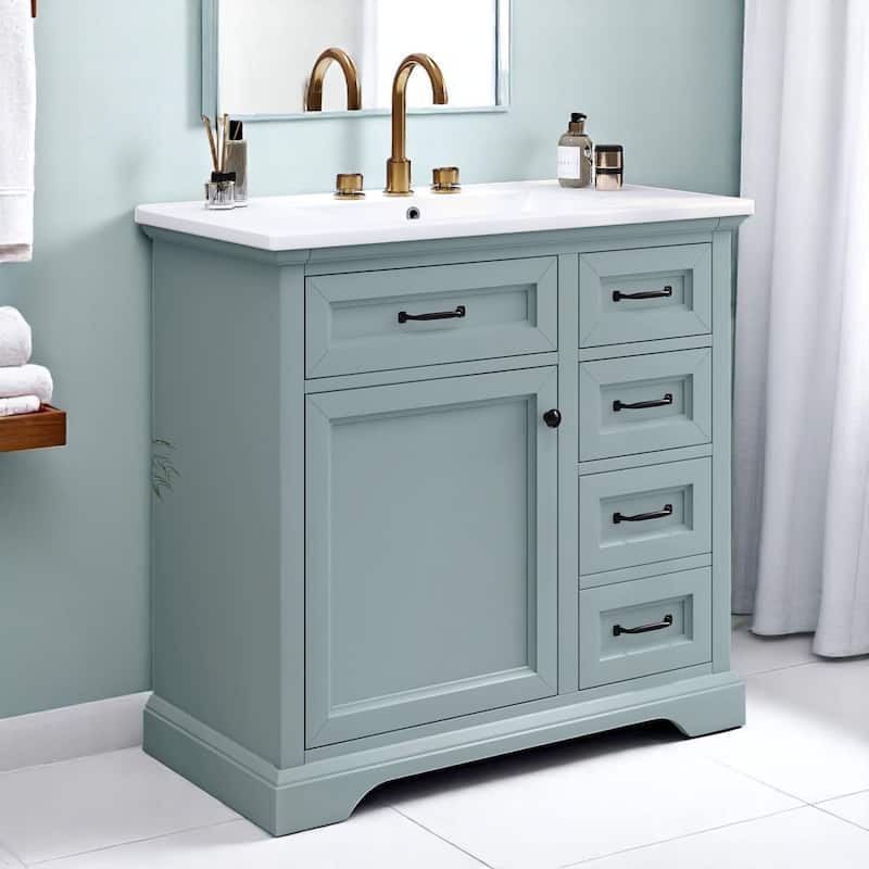 36 Inch Freestanding Bathroom Vanity with Ceramic Sink, Tip-Out & Storage Drawers, Soft Close Door Hinges - Grey