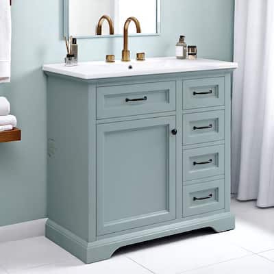 36 Inch Freestanding Bathroom Vanity with Ceramic Sink, Tip-Out & Storage Drawers, Soft Close Door Hinges