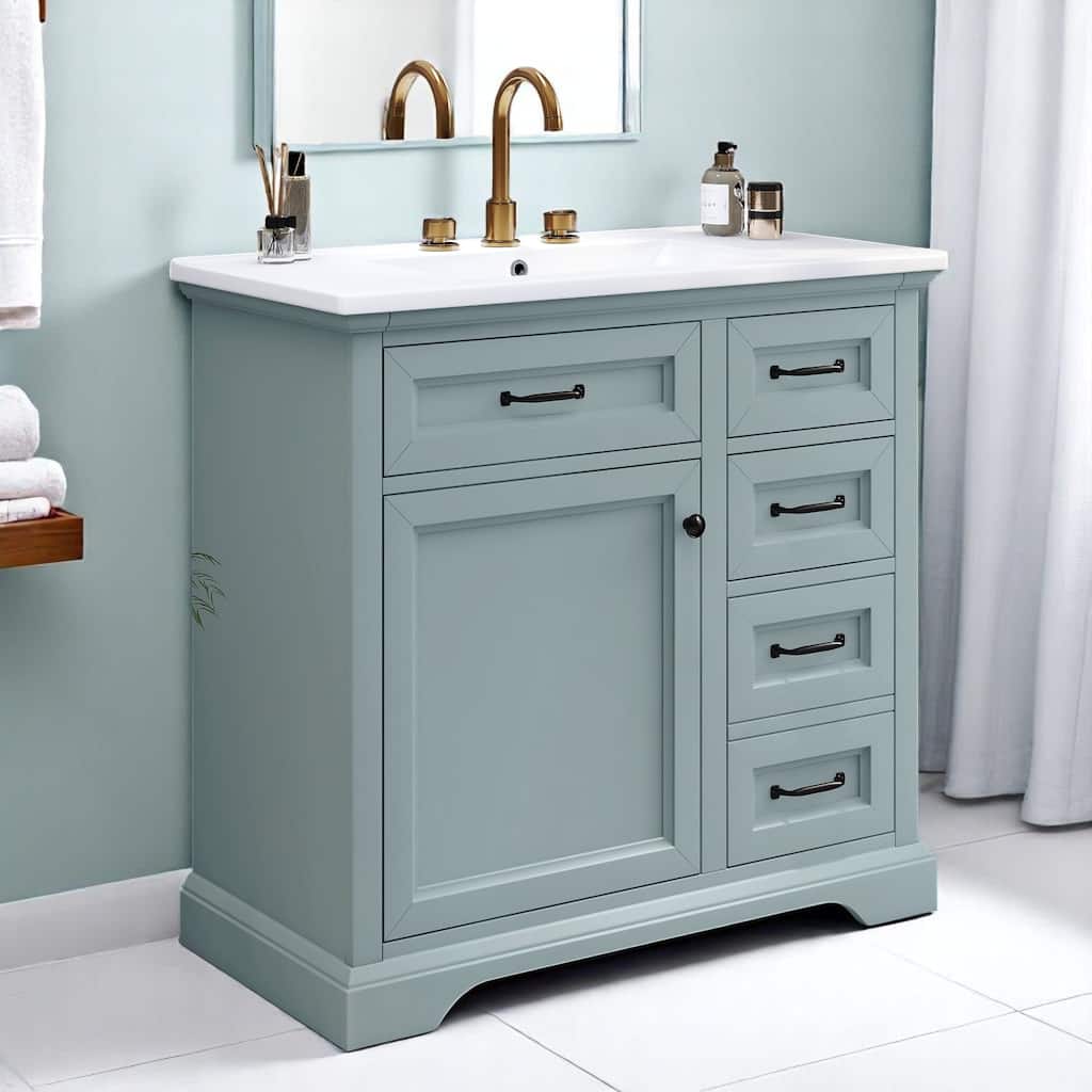 36 Inch Freestanding Bathroom Vanity with Ceramic Sink, Tip-Out & Storage Drawers, Soft Close Door Hinges