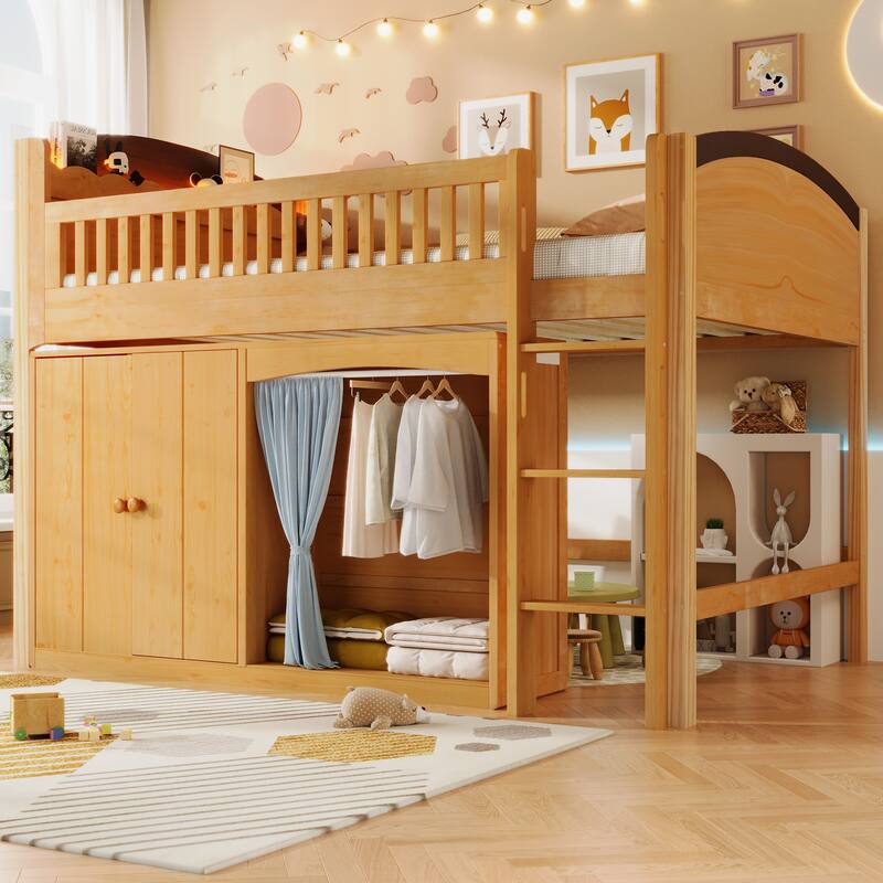 Roomfitters Twin/Full Size Loft Bed with Storage Cabinet, Wardrobe and LED Light - Wood - Twin