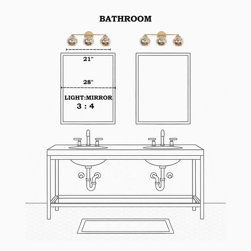 Mid-Century Modern Glam Gold Bathroom Vanity Light 3-Light Wall Lamp with Mercury Glass - 21" L x 7" W x 8" H
