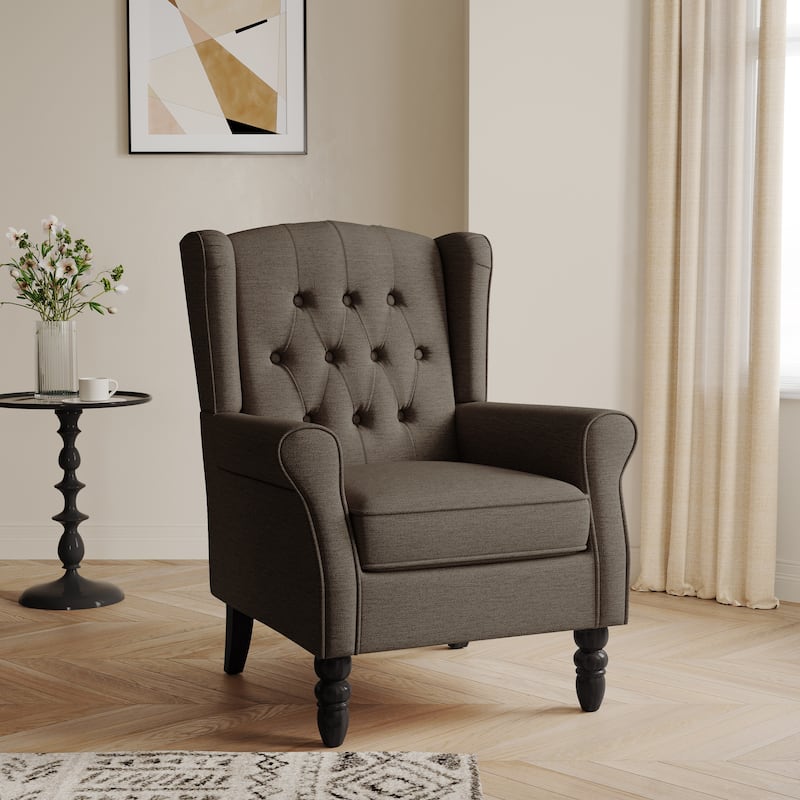 Button-Tufted Accent Club Chair Wingback Armchair Set of 2 - Taupe-Single - Linen