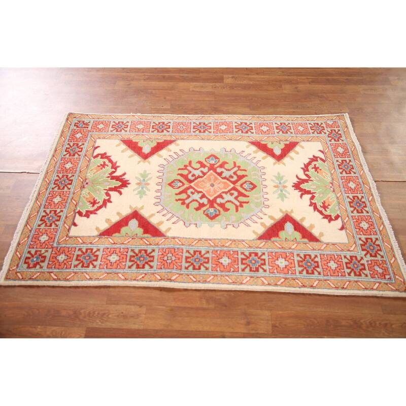 Geometric Kazak Oriental Accent Rug Handmade Wool Carpet - 3'4"x 5'0"