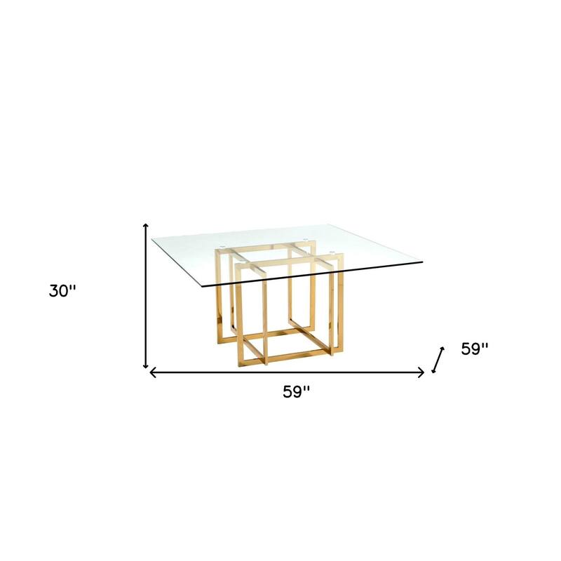 HomeRoots 59" Clear and Silver Glass and Metal Pedestal Base Square Dining Table - 59.00 in. x 30.00 in. x 59.00 in.