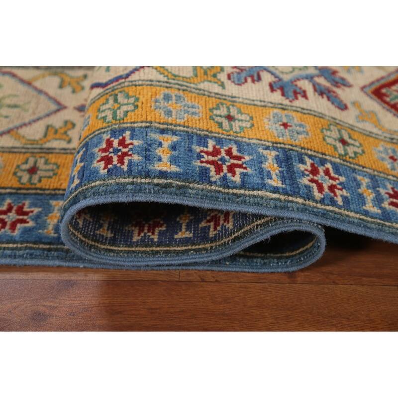 Hand Knotted Oriental 100% Wool Carpet Traditional Geometric Navy Blue & Blues Kazak Area Rug - 9' 6'' X 6' 6''