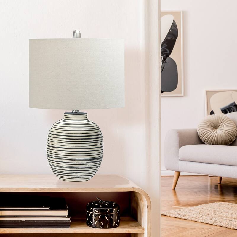 Textured Stripe Stoneware Table Lamp with Chrome Accents