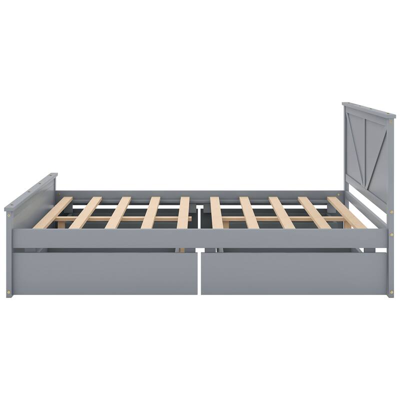 Queen Wooden Platform Bed with 4 Storage Drawers, Headboard, and Support Legs, Durable Pine Wood Frame