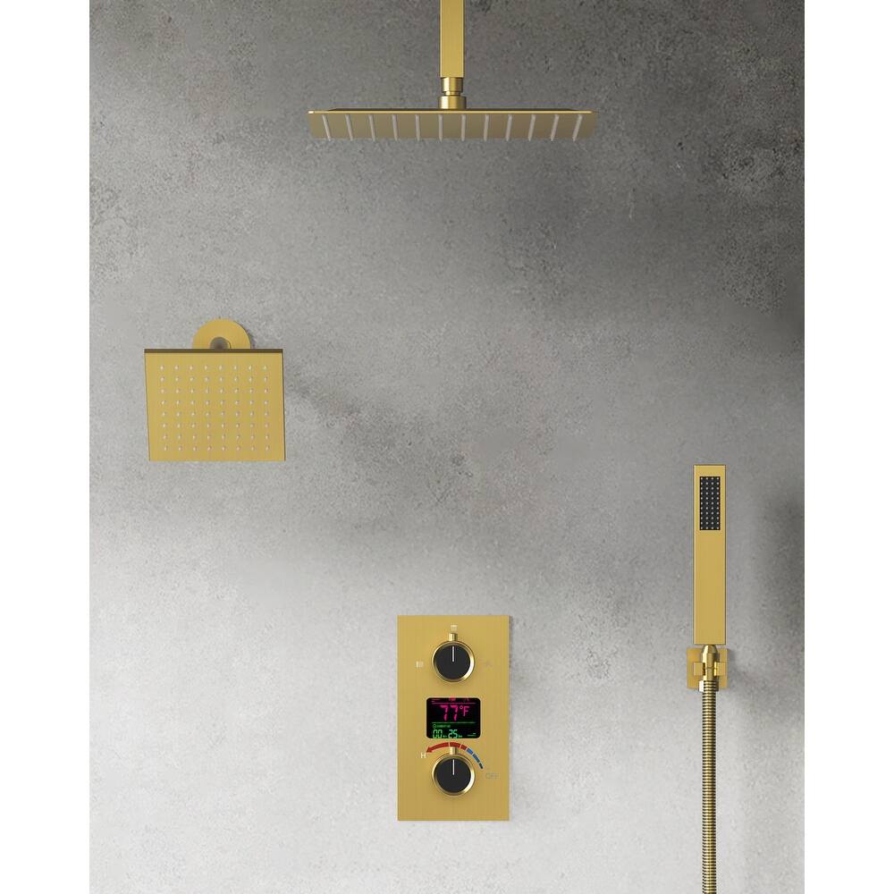 GRANDJOY Digital Display Shower System, 12" High Pressure Dual Shower Heads with Handheld Spray