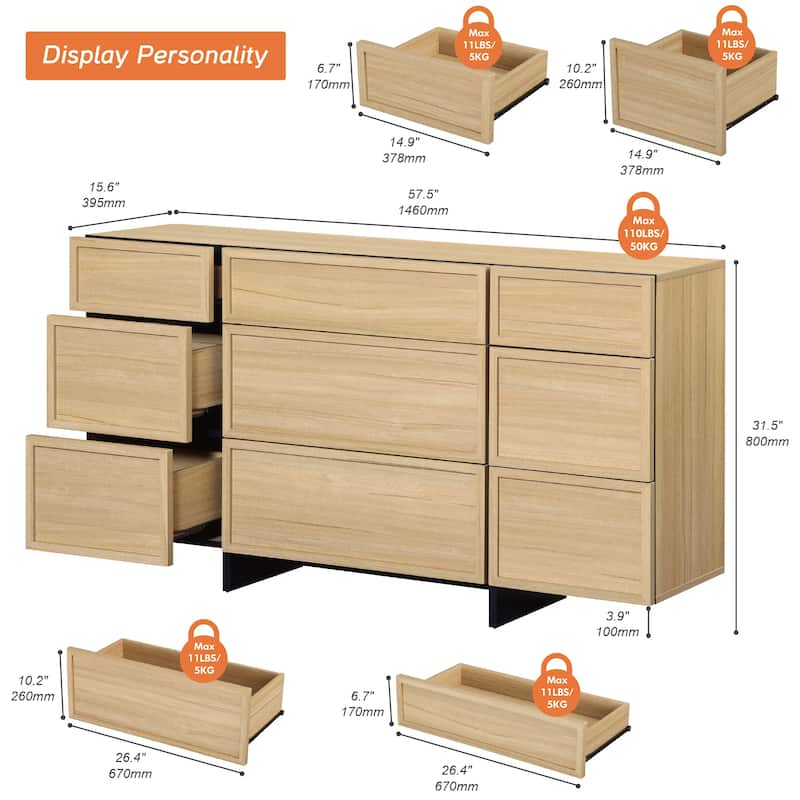 WAMPAT Modern Sideboard Buffet Cabinet with 9 Drawers, Multifunctional Sideboard with Large Storage and T-Shaped Legs