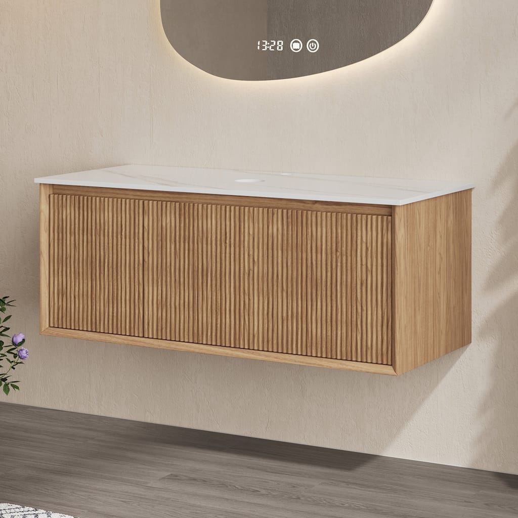 36" Natural Walnut Wall-Mounted Bathroom Vanity Cabinet with Countertop, No Assembly Required, Sink Not Included