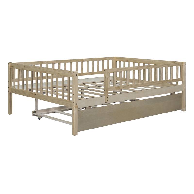 Full Size Wood Daybed with Trundle and Fence Guardrails, Space-Saving Design