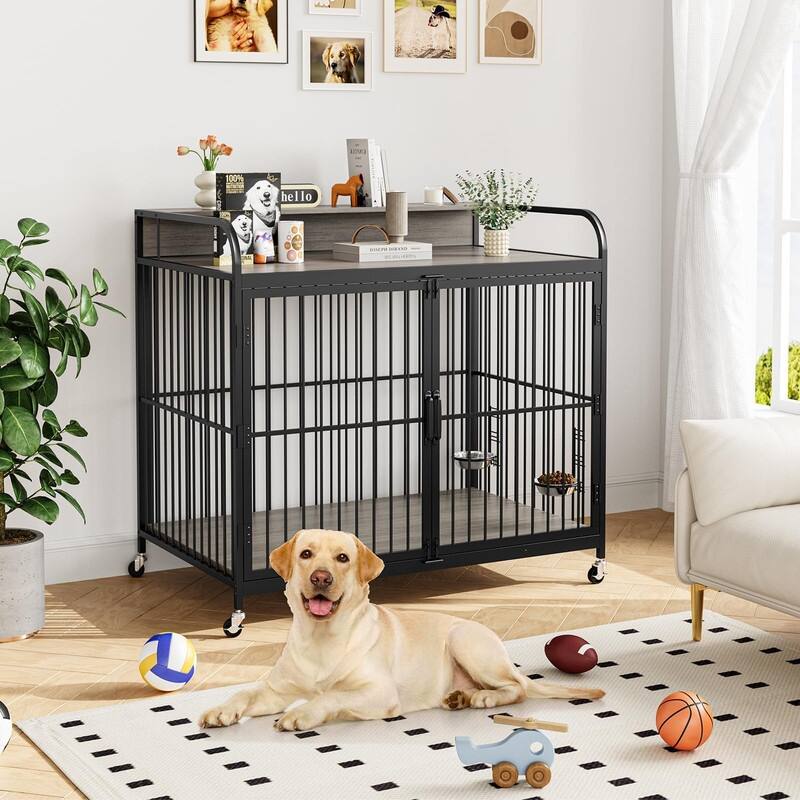 Large Dog Kennel Crate Furniture with 360° Adjustable Elevated Feeder Wheels