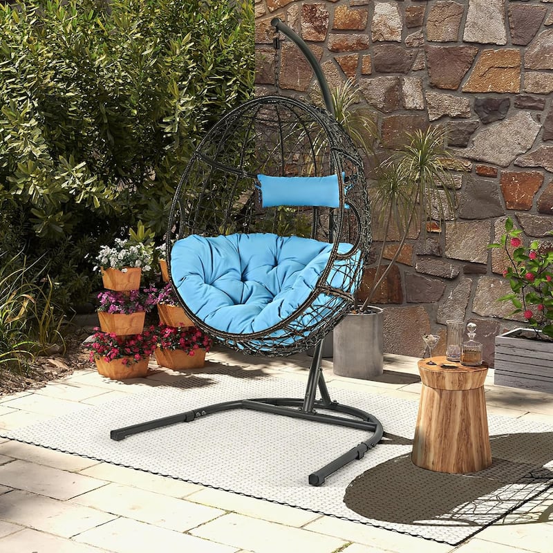 Gymax Hanging Hammock Chair Egg Swing Chair w/ Blue Cushion Pillow - 40.5'' x 42'' x 81'' (L x W x H)