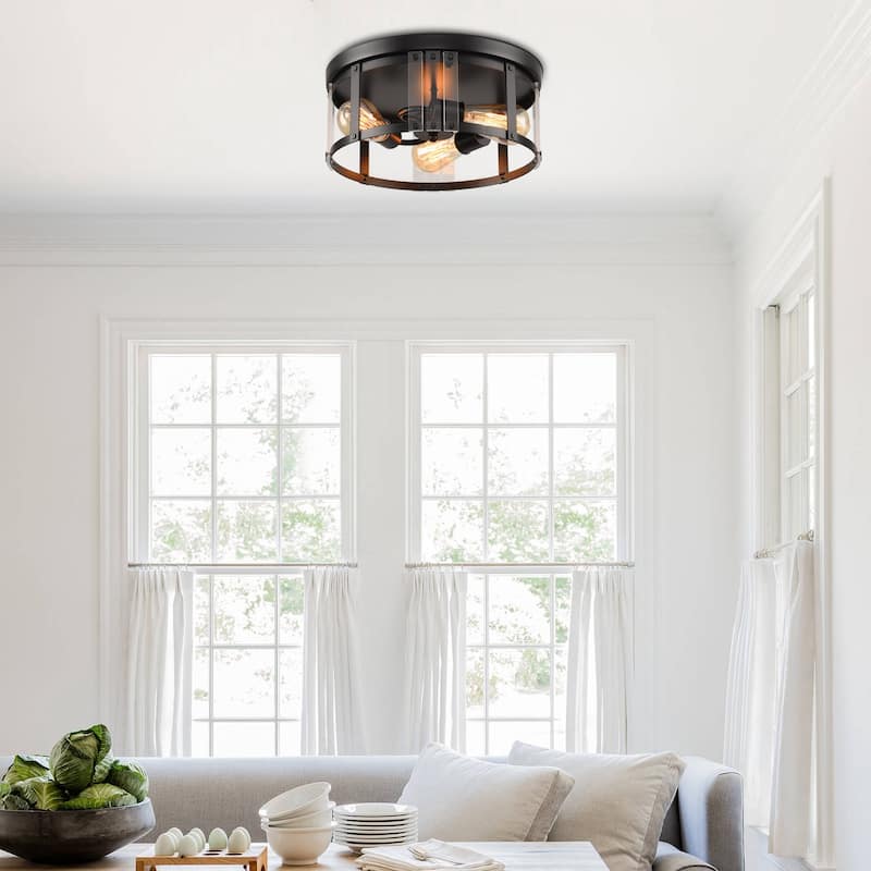13.3" Industrial Matte Black 3-Light Flush Mount Ceiling Light