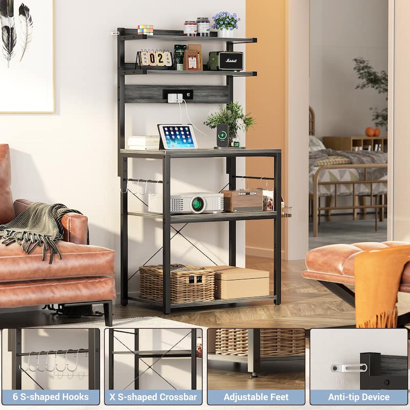 Bakers Rack Kitchen Storage Shelf with Power Outlets and RGB LED Lights,5 Tiers Coffee Bar Station,Microwave Stand
