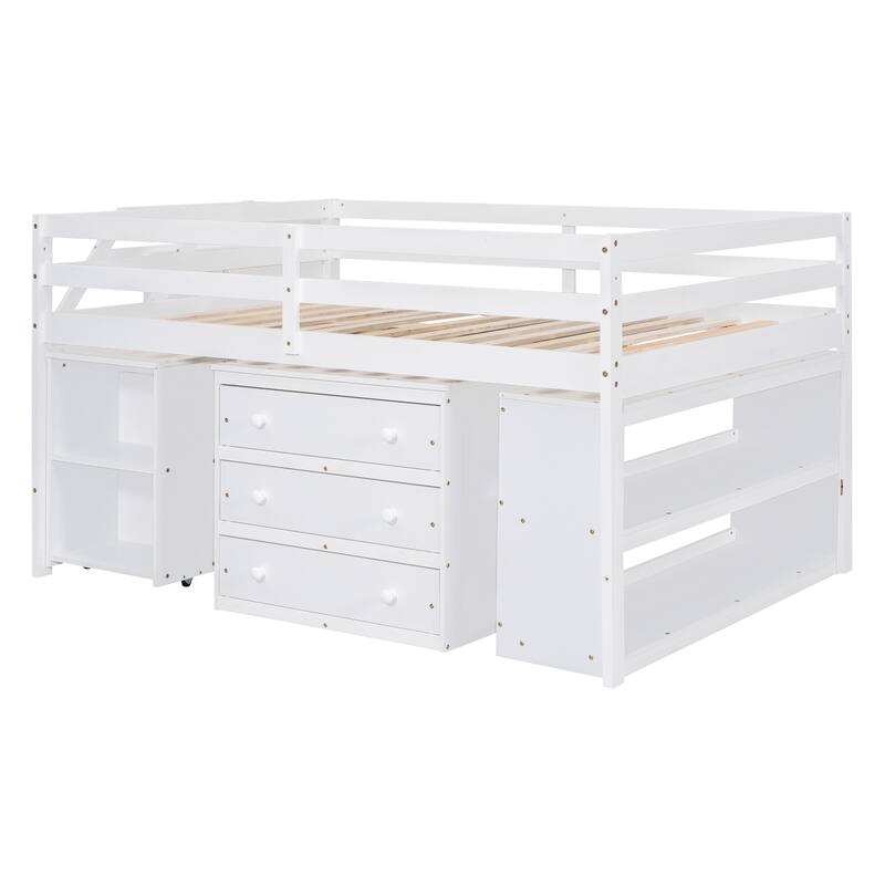 Twin/Full Size Loft Bed with Retractable Writing Desk and 3 Drawers, Wooden Loft Bed Frame w/ Storage Stairs & Shelves for Kids