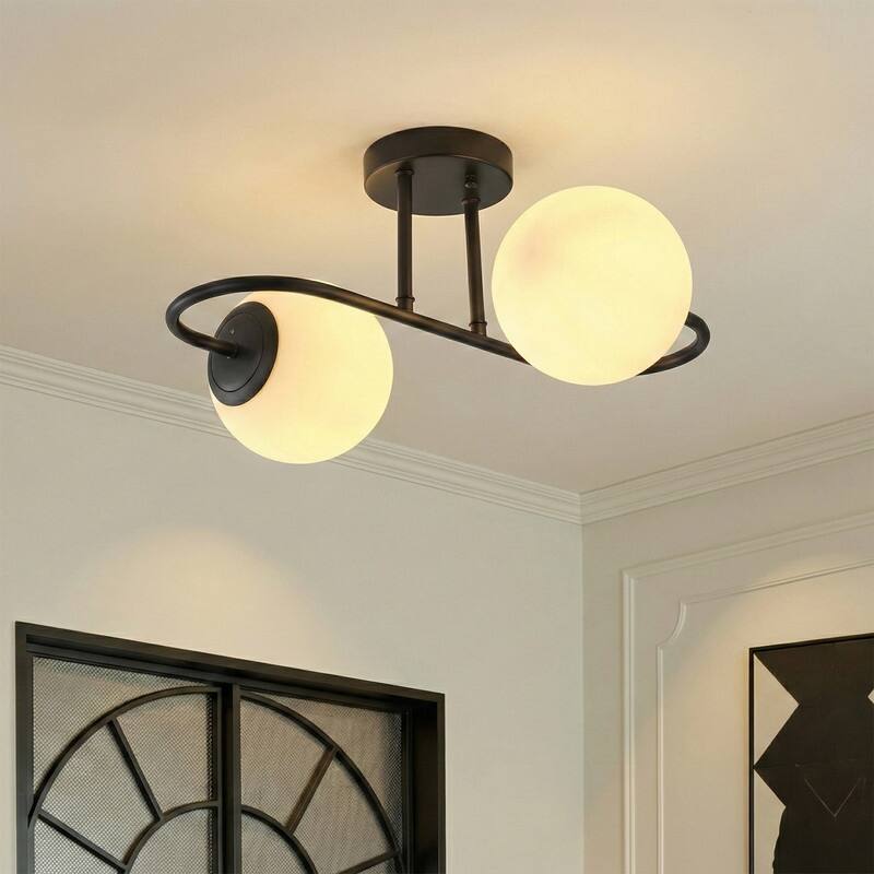 Modern Black Double Globe Flush Mount Ceiling Light with Curved Arm White Glass Shades