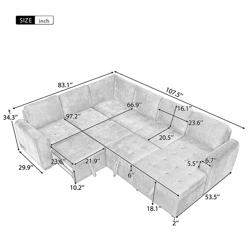 Beige 107.5" U-Shaped 5 Seater Sectional Sofa with Pull-Out Bed, Storage Chaise Lounge, USB Ports, and Power Sockets