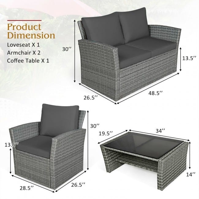 4 Pieces Patio Rattan Furniture Set Sofa Table with Storage Shelf Cushion - 48.5" x 26.5" x 30" (L x W x H)