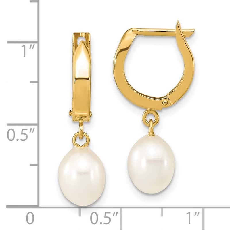 Curata 14k Yellow Gold 6-7mm Rice White Freshwater Cultured Pearl Hoop Dangle Earrings (24.75mm)