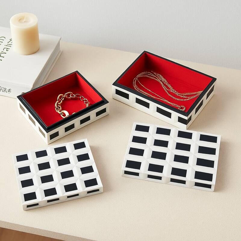 Decorative Checkered Pattern Box with Lid - Set of 2, 10", 12" White - 12.25"