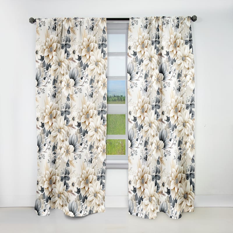 Designart "Ethereal White Chrysanthemum Boho Pattern II" Floral Blackout Curtain For Living Room Décor