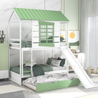 White+Green Twin over Twin Pine Wood House Bunk Bed with Trundle and Convertible Slide, Window