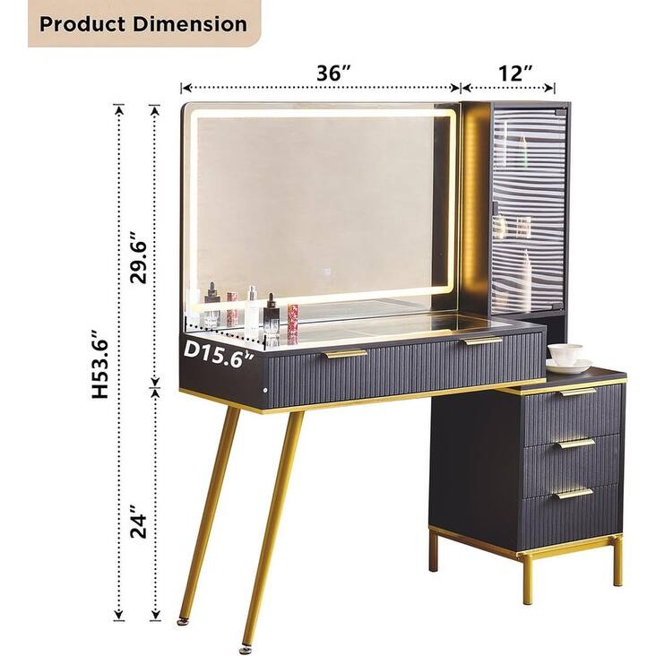 Fluted Makeup Vanity Desk with LED Lights & Outlet, 5 Drawers, 3 Light Modes
