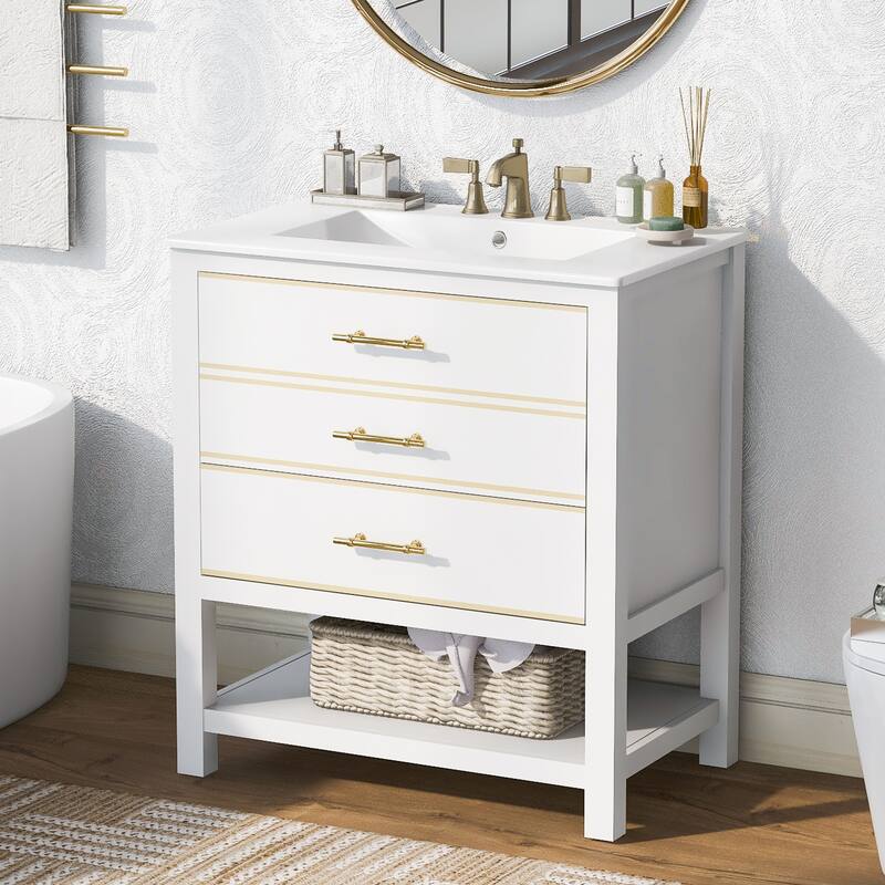 Bathroom Vanity with Sink, Vanity Set with 2 Drawers, Bathroom Storage Cabinet with Open Shelf and 2 Soft Closing Doors
