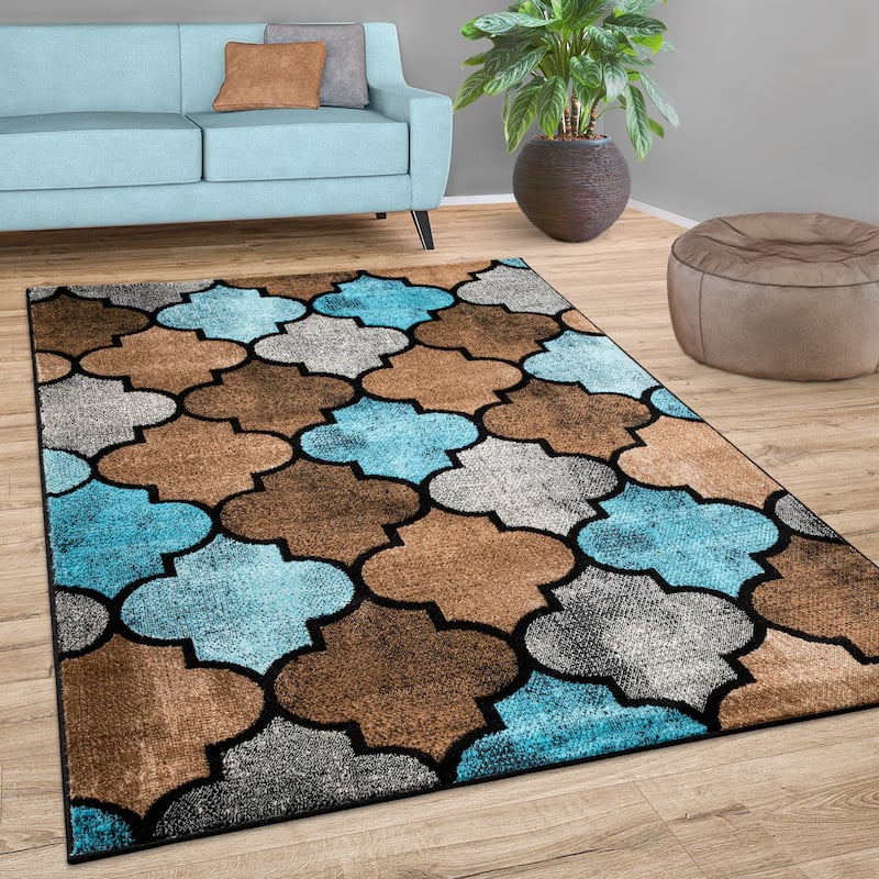 Brown Blue Area Rug with Modern Moroccan Pattern for Living Room - 2' x 3'3" - Brown